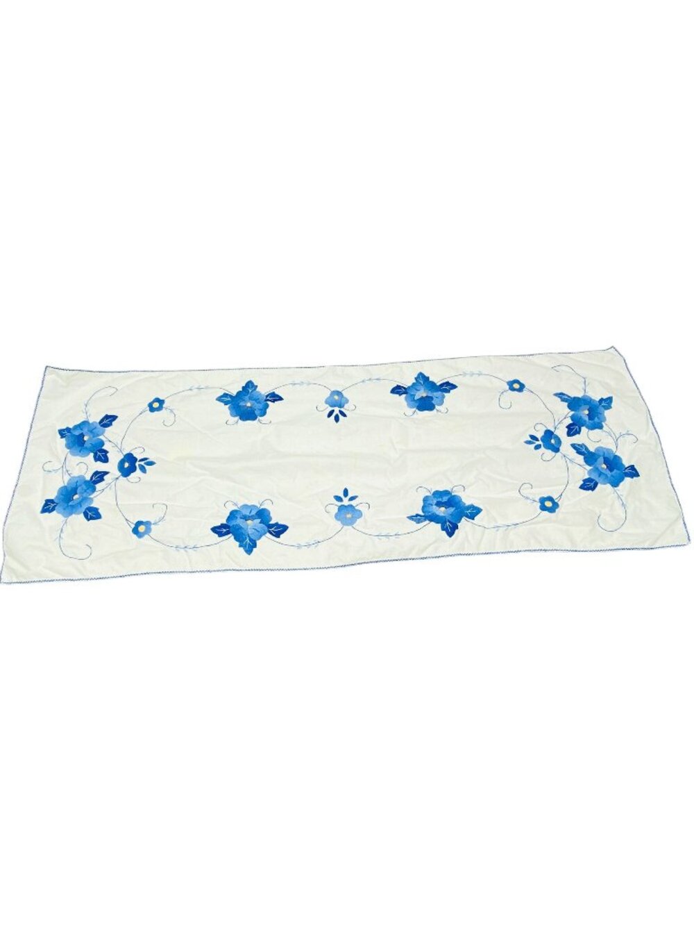 Vintage White Table Runner With Blue Floral Embroidery 40" X 15" Cotton Décor